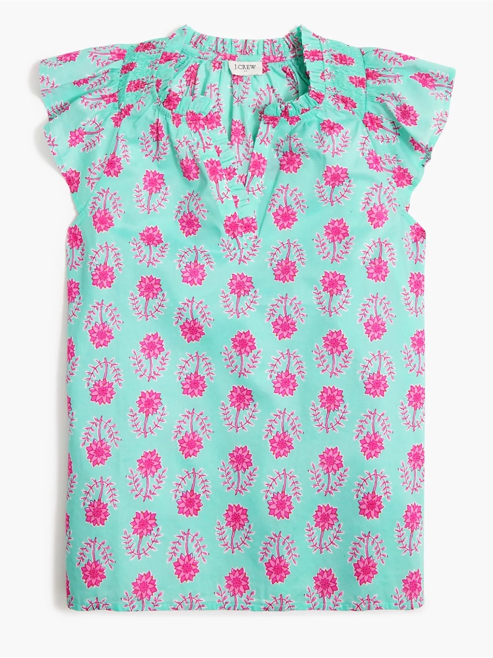 J. Crew 💯% Cotton Mint Green Blouse with Pink Floral Motif Flutter Sleeve Top